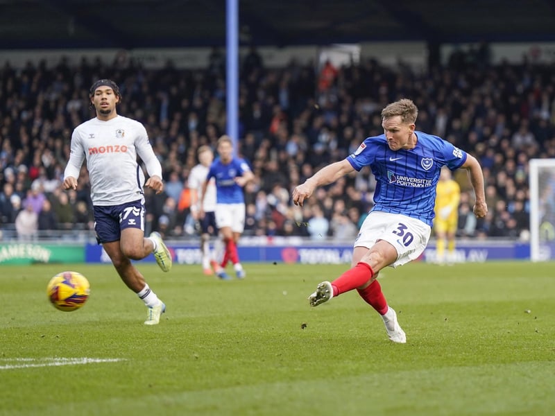 Back in the team in place of injured Paddy Lane - and what a return. Lovely run and classy finish with an angled left-footed shot to level for 1-1. Then grabbed winner eight minutes from time with his right foot. Had never scored at Fratton Park for Pompey before. Special moments for one of Pompey's own.