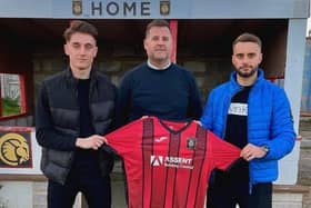 Flashback - Joe Lea, left, and Pat Suraci, right, with director of football Mark Summerhill after arriving at Petersfield Town last summer. Now the three have joined Gosport Borough - the first two as head coaches.