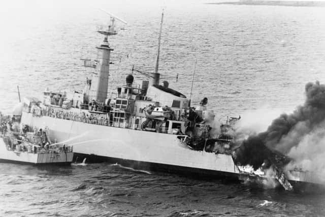The sinking of the Royal Navy frigate HMS Ardent on 21 May 1982. A series of bombs had struck Ardent's hangar and flight deck area and 22 lives were lost.