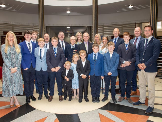 Pictured - Len Chivers with his three sons, four grandchildren and nine great grandchildren.