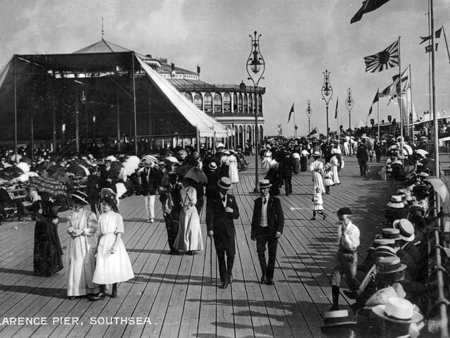 Boaters and parasols were the order of the day in this picture of sun-seekers on Clarence Pier, Southsea, about 1910.
