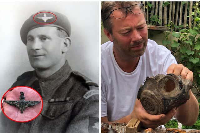 Private Albert Willingham proudly wears his Parachute Regiment cap badge which, inset, was discovered with his personal effects. Right, Ivar Goedings carefully inspects Pte Willingham's gas mask. Picture: Dilip Sarkar/Ivar Goedings/BNPS