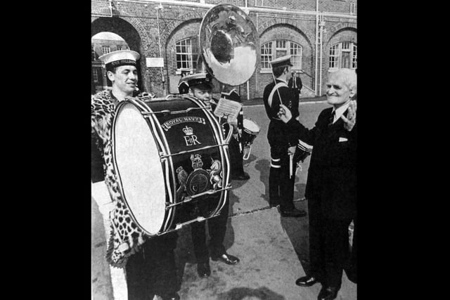 HMS Dolphins music man Cecil Brown, 65, was played out by a massed band from HMS Dolphin, HMS Collingwood, HMS Sultan and HMS Daedalus on his last day as bandmaster.