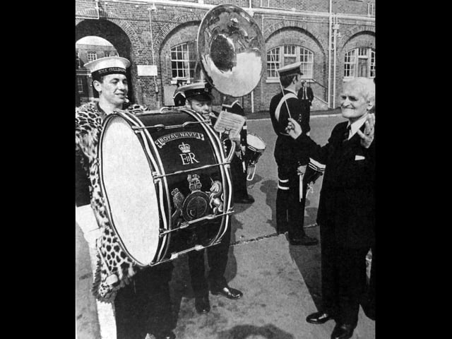 HMS Dolphins music man Cecil Brown, 65, was played out by a massed band from HMS Dolphin, HMS Collingwood, HMS Sultan and HMS Daedalus on his last day as bandmaster.
