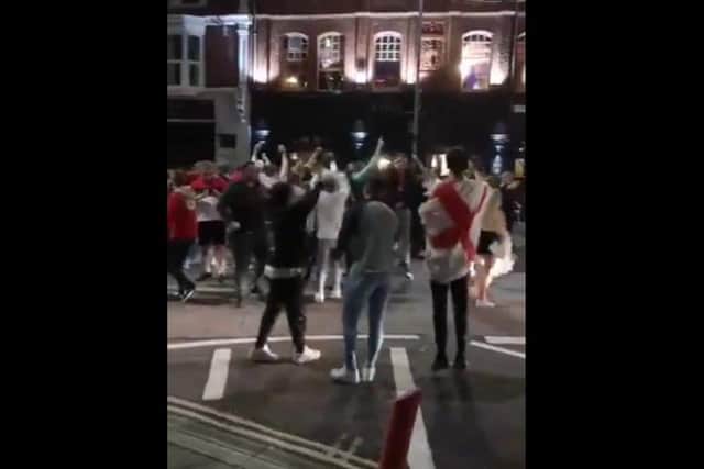 Police officers were called to Albert Road in Southsea after a large group congregated in the road on July 7 to ensure public safety. No arrests were made. Pictured: A still from a video captured by Jake Fleming