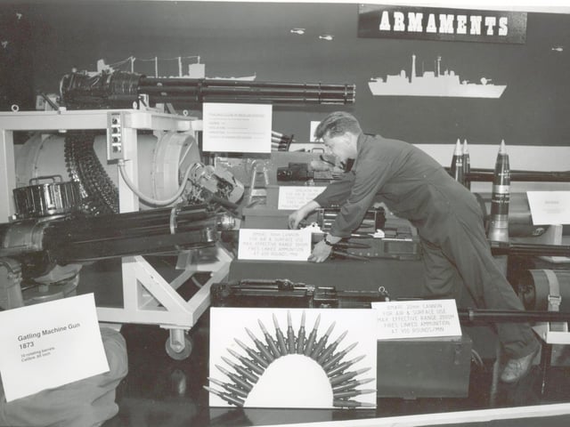 Terry Williams from RNAD Gosport, prepares the arnaments display for the Navy Days open day in 1993.Picture: (2189-2)