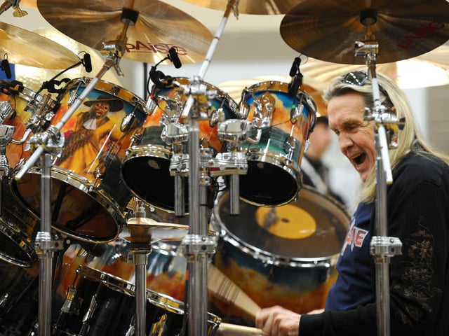 Rehearsals at HMS Temeraire in Portsmouth, on Tuesday, March 5, where the band performed with Iron Maiden drummer Nicko McBrain.