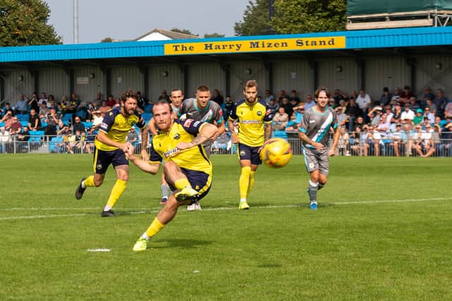 Hawks loanee Theo Widdrington scores for Gosport on his debut in the FA Cup first qualifying round tie against Plymouth Parkway at the weekend. Picture: Mike Cooter