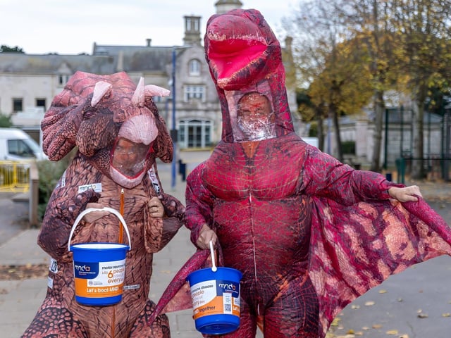 Spotted regularly in Gosport, the MNDA fundraising dinosaurs brought buckets with them for donations. Photos by Alex Shute