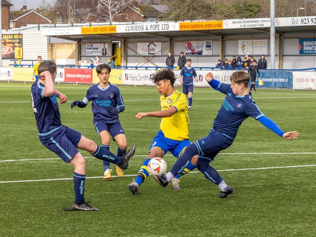 Action from the Under-16 Arthur Hughes Challenge Cup final between Meon Milton Awfords (yellow shirts) and Pickwick Youth Panthers. Picture: Mike Cooter