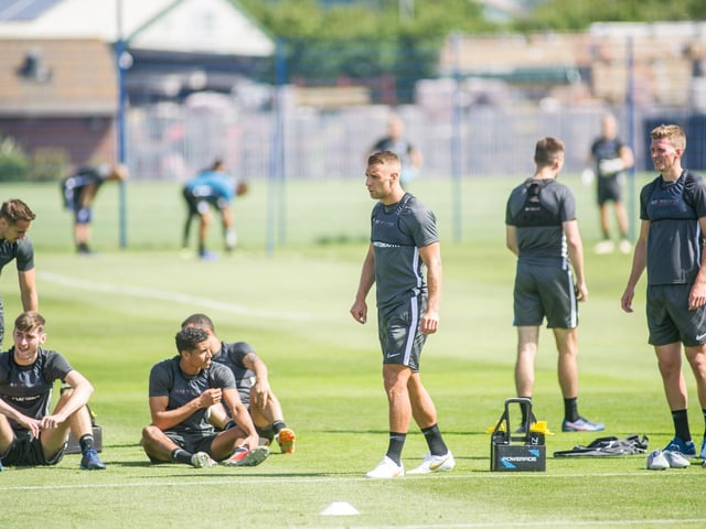 Lee Brown, Paul Downing and Louis Dennis among the Pompey players at pre-season training in June 2019. Picture: Habibur Rahman
