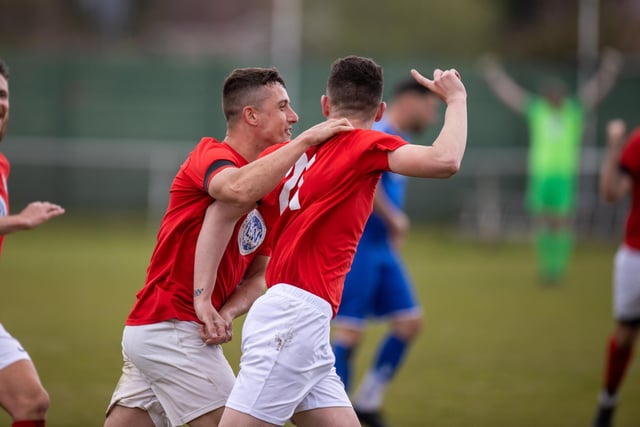 Gosport Town celebrate after scoring during their 4-0 victory over Lee Rangers in the Portsmouth & District FA Trophy final at Cams Alders. Picture: Alex Shute