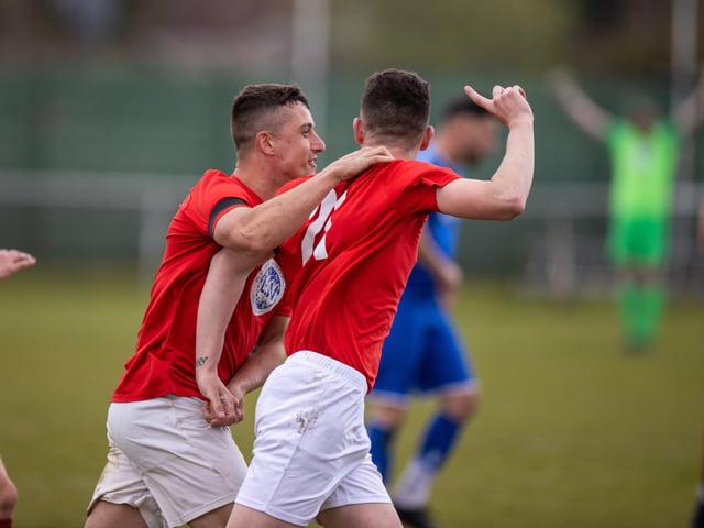 Gosport Town celebrate after scoring during their 4-0 victory over Lee Rangers in the Portsmouth & District FA Trophy final at Cams Alders. Picture: Alex Shute