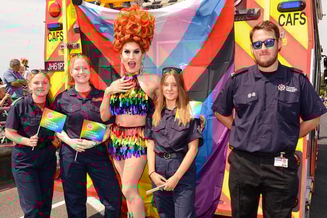 Pictured is: Cherry Liquor with personnel from Southsea Fire Station.

Picture: Keith Woodland