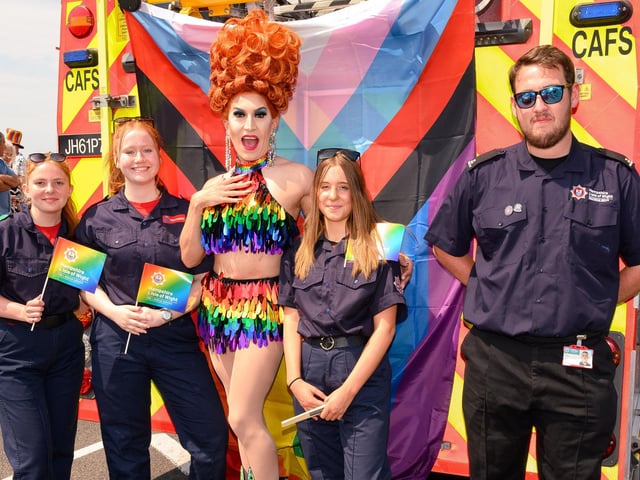 Pictured is: Cherry Liquor with personnel from Southsea Fire Station.
Picture: Keith Woodland