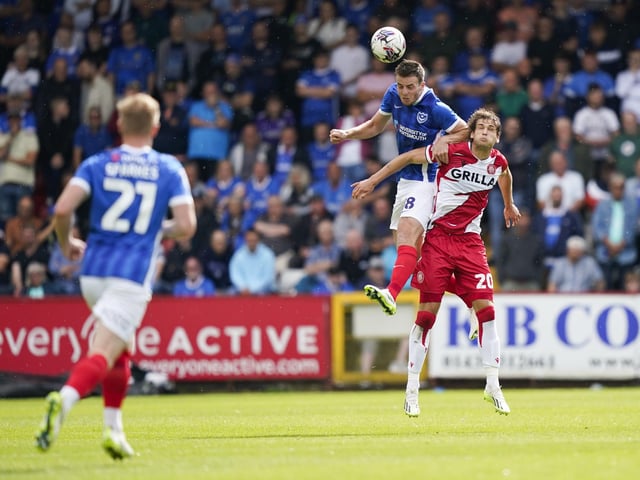 Pompey defender Conor Shaughnessy rises high in the first half against Stevenage. Picture: Jason Brown/ProSportsImages