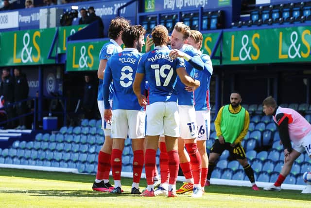 Pompey's players celebrate Ronan Curtis' first-half match winner against Bristol Rovers. Picture: Joe Pepler