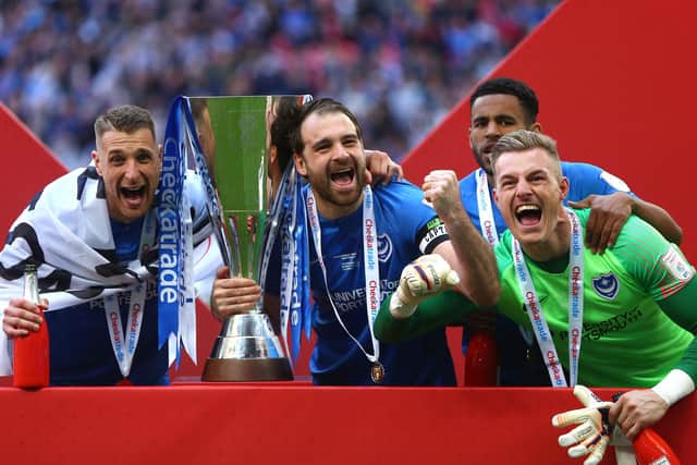 Pompey celebrate their 2019 Checkatrade Trophy final win against Sunderland.  Picture: Jordan Mansfield/Getty Images