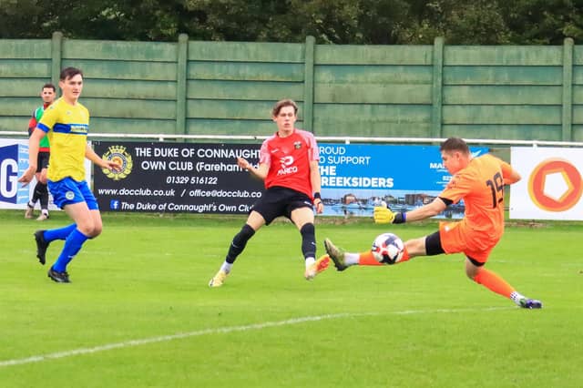 Connor Underhill scores the first of his two goals for Fareham against Laverstock. Picture: Ken Walker