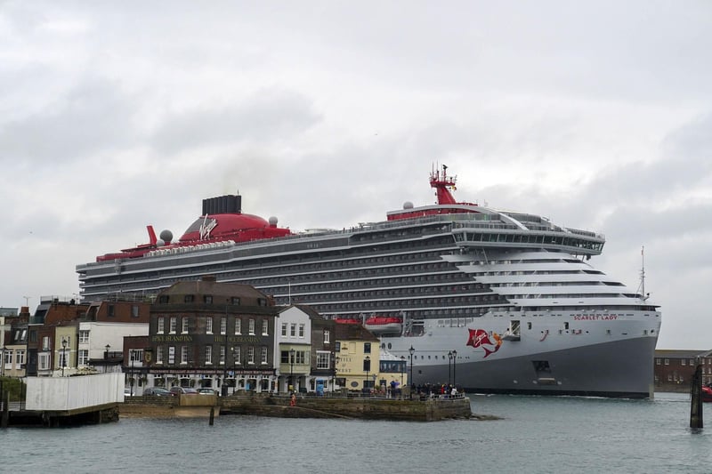 Virgin Voyage's luxury cruise ship Scarlet Lady arrives into Portsmouth for the first time. The 110,000-tonne liner is the largest ship to have ever docked in the city, bigger than both of the Royal Navy's aircraft carriers. Picture date: Monday June 21, 2021. PA Photo. Photo credit should read: Steve Parsons/PA Wire