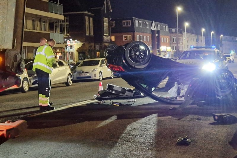 Pictures show a car had overturned in a crash in London Road, Hilsea. Picture: Habibur Rahman.