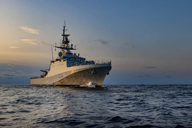 HMS Trent pictured at sea while conducting a boarding exercise with the Nigerian Forces as part of an Anti-Piracy exercise.