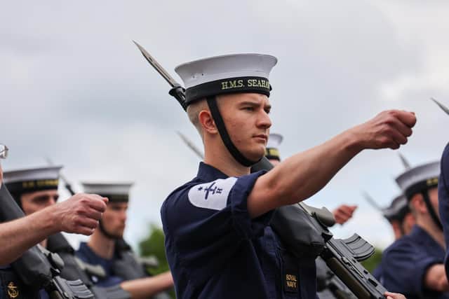 A sailor pictured during the training parade at HMS Collingwood ahead of the Queen's Jubilee Pageant 
Photos by Alex Shute