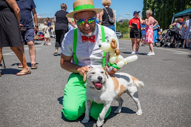 Rob Driscoll (the 'Bow Tie Balloon Guy') with Nelson - the dog who provided the inspiration for his latest creation. Picture: Mike Cooter (240623)