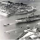 HMS Hermes leaving Portsmouth for the Falklands in 1982
