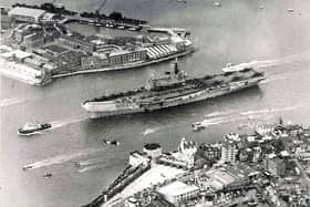 HMS Hermes leaving Portsmouth for the Falklands in 1982