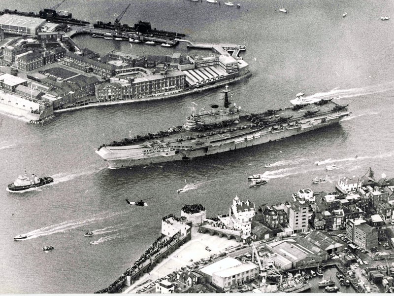 HMS Hermes leaving Portsmouth for the Falklands in 1982