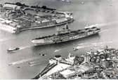 HMS Hermes leaving Portsmouth for the Falklands in 1982