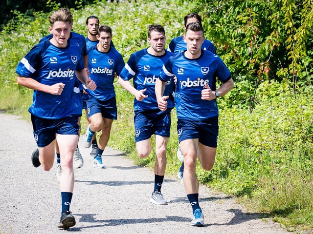 From left: Chad Field, Christian Burgess, Michael Poke, James Dunne and Tom Craddock. Pompey return to training in June 2015. Picture: Colin Farmery