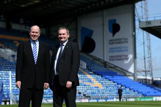 Portsmouth owner and chairman Michael Eisner and vice-chancellor of the University of Portsmouth Prof Graham Galbraith. Portsmouth FC and the University of Portsmouth announce that the university will be Pompey's shirt sponsor next season, Fratton Park, Portsmouth                    Picture: Chris Moorhouse