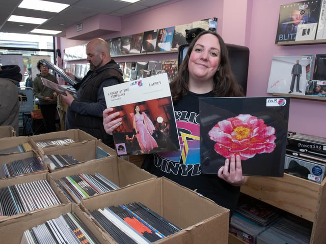Emma Howes, owner of A Slice of Vinyl in Gosport, organising the hundreds of rare records released on Record Store Day.