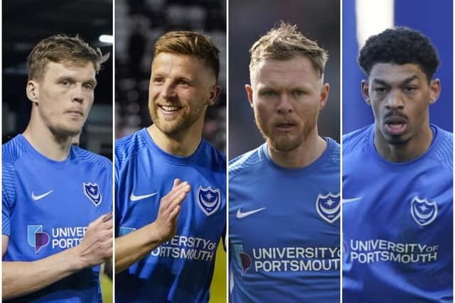 Pompey remain in negotiations over a new deal for (from left) Sean Raggett, Michael Jacobs, Aiden O'Brien and Reeco Hackett