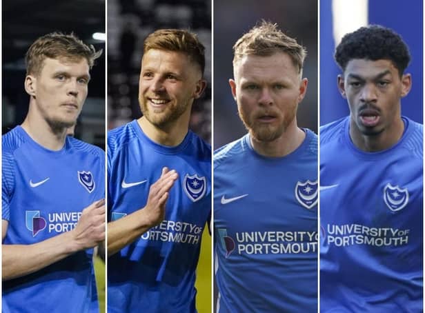 Pompey remain in negotiations over a new deal for (from left) Sean Raggett, Michael Jacobs, Aiden O'Brien and Reeco Hackett