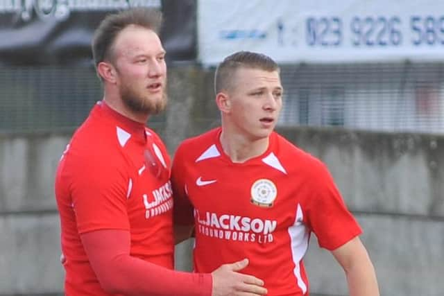 Connor Duffin, left, and Zack Willett celebrate a goal in the 4-0 win over Bournemouth Poppies. Picture: Martyn White