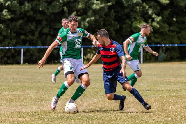 Callum Laycock, left, scored his 10th goal of the season as Moneyfields won at Pagham in the Wessex League Premier Divsion. Picture: Mike Cooter