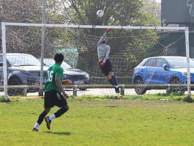 Action from the Challenge Cup clash between Pelham Arms (blue/yellow kit) and FFTP (green and black kit). Picture: Sam Stephenson