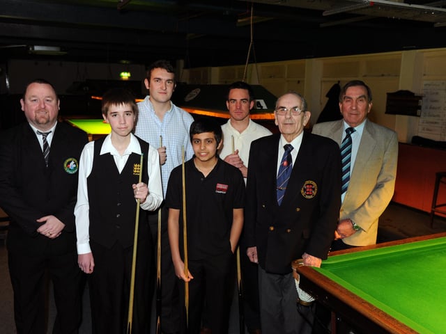Players and officials at semi-final of Portsmouth U30s snooker tournament in 2011. From left: Steve Toms, Jordan Wimbourne, Pedro Ferguson, Adam Bobat, Stuart Colver, Dennis Hushley and Ted Dowse. Waterlooville Snooker Club, Waterlooville. Picture: Allan Hutchings (110894-156)