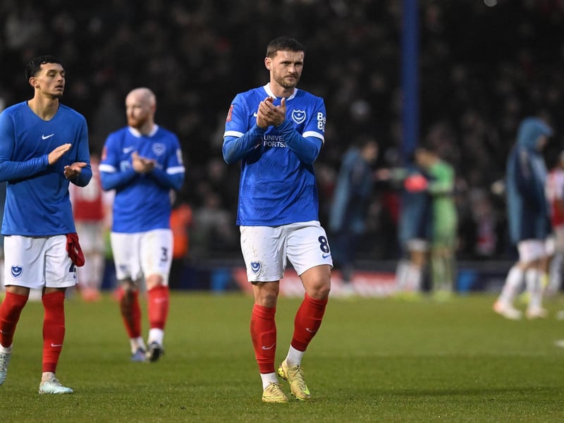 John Swift (8) of Portsmouth applauds the fans at full time during the FA Cup match between Portsmouth and Arsenal at Fratton Park, Portsmouth, UK on 11 January 2026.
