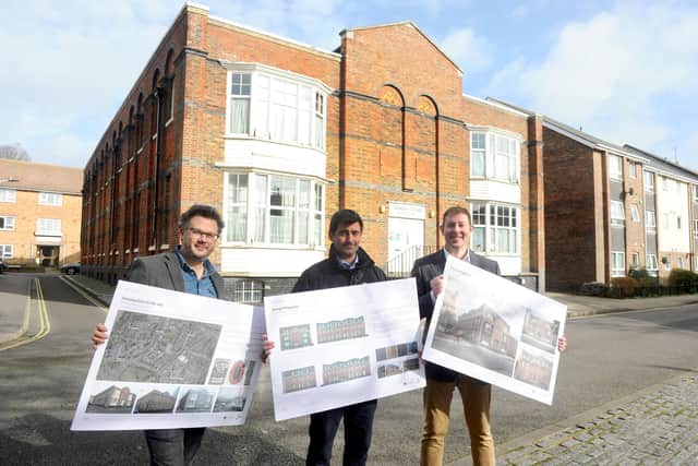 Portsmouth City Council is hoping to turn the old Brewery House in Hambrook Street, Southsea, into new council homes. 

Pictured is: (l-r) Matt Swanton from Re-Format, Kevin Hudson, Portsmouth City Council development manager and Cllr. Chris Attwell for St Thomas's Ward.

Picture: Sarah Standing (180220-8097)