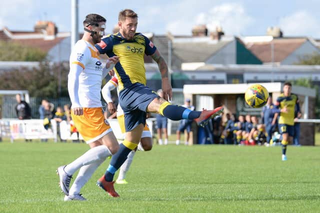Steve Hutchings fires in a shot at goal during Moneyfields' 6-2 FA Cup loss to Cray Wanderers at the weekend. Picture: Martyn White.