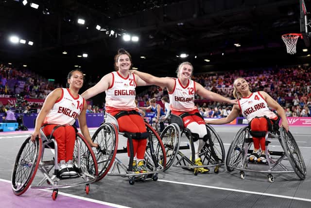 From left - Gold medalists Joy Haizelden, Jade Atkin, Lucy Robinson and Charlotte Moore. Picture: James Fearn/Getty Images