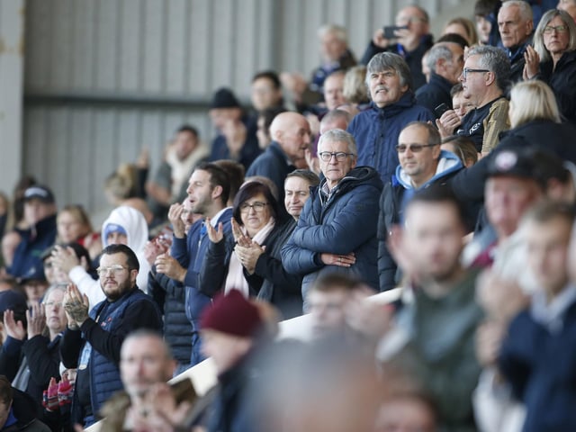 Portsmouth fans during the EFL Sky Bet League 1 match between Morecambe and Portsmouth at the Globe Arena, Morecambe, England on 12 November 2022.