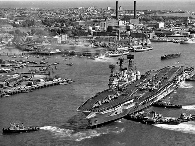 HMS Ark Royal A marvellous photograph from Mike Nolans collection. HMS Ark Royal berthing at South Railway Jetty in 1972.