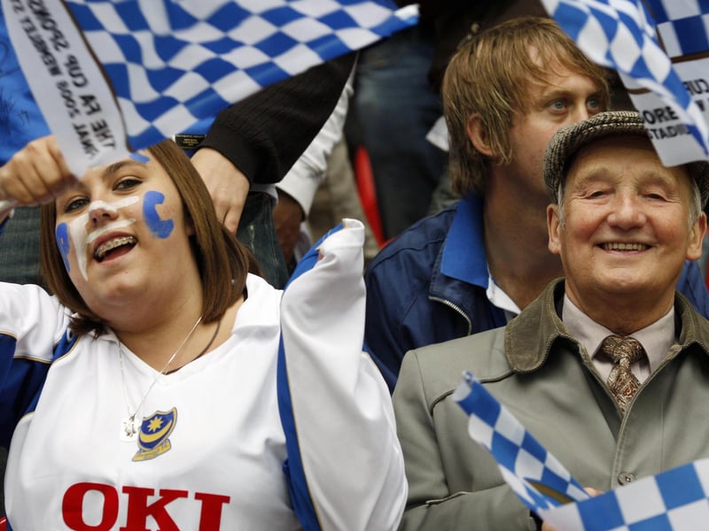 Pompey fans ahead of the 2008 FA Cup final against Cardiff at Wembley. Photo by Adrian Dennis/AFP via Getty Images