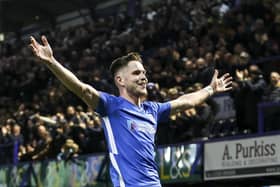 George Hirst celebrates his goal against Rotherham last night. (Photo by Robin Jones - Digital South)