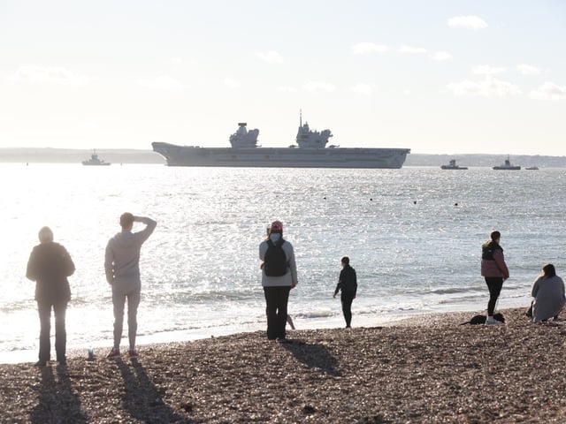 HMS Prince of Wales setting sail from Portsmouth on February 12, 2024, after a previous delay. She is taking part in Nato's largest mission since The Cold War.